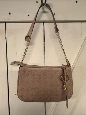 Anne Klein Taupe AK Pattern Shoulder Bag with Gold Chain Accent